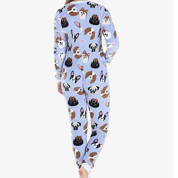 Frankie & Johnny Women’s Plush Non-Footed Onesie Pajamas Periwinkle Dogs Medium - Picture 2 of 8